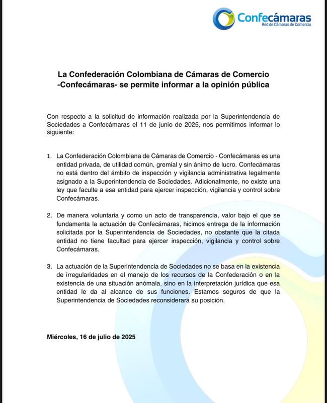 Confecámaras responde a inspección de Supersociedades: “Actuaremos con transparencia”