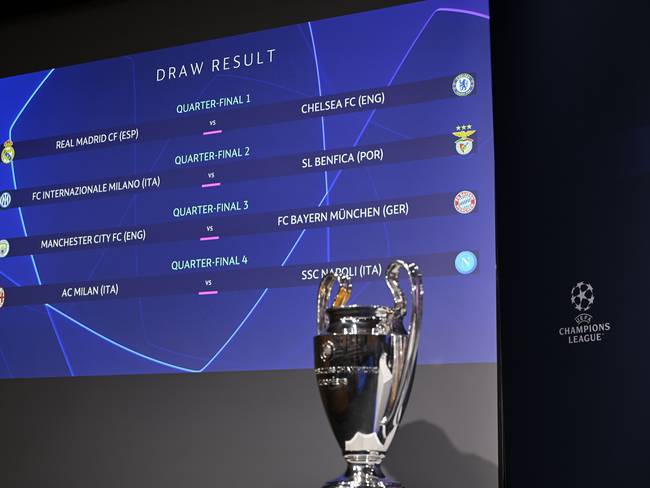 NYON, SWITZERLAND - MARCH 17: A view of the draw results during the UEFA Champions League 2022/23 Quarter-finals and Semi-finals Draw at the UEFA Headquarters, The House of the European Football, on March 17, 2023, in Nyon, Switzerland. (Photo by Kristian Skeie - UEFA/UEFA via Getty Images)