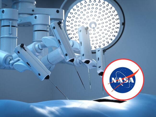 Robot asistente de cirugías y de fondo el logo de la NASA (Fotos vía Getty Images y COLPRENSA)