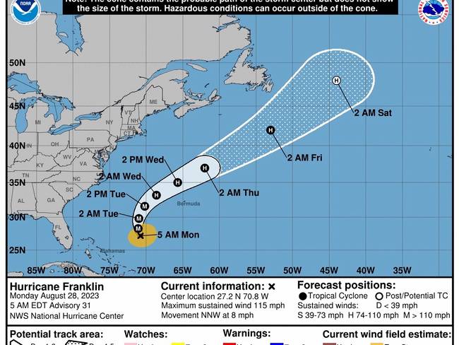 USA8629. MIAMI (FL, EEUU), 28/08/2023.- Fotografía cedida hoy por el Centro Nacional de Huracanes (NHC) de Estados Unidos donde se muestra el pronóstico de cinco días de la trayectoria del huracán Franklin en el Atlántico. El huracán Franklin, con vientos máximos sostenidos de 115 millas por hora (185 km/h), se convirtió este lunes en el primero con categoría mayor de la temporada ciclónica en el Atlántico, pero no presenta por ahora amenaza para tierra. EFE/NHC /SOLO USO EDITORIAL /NO VENTAS /SOLO DISPONIBLE PARA ILUSTRAR LA NOTICIA QUE ACOMPAÑA /CRÉDITO OBLIGATORIO