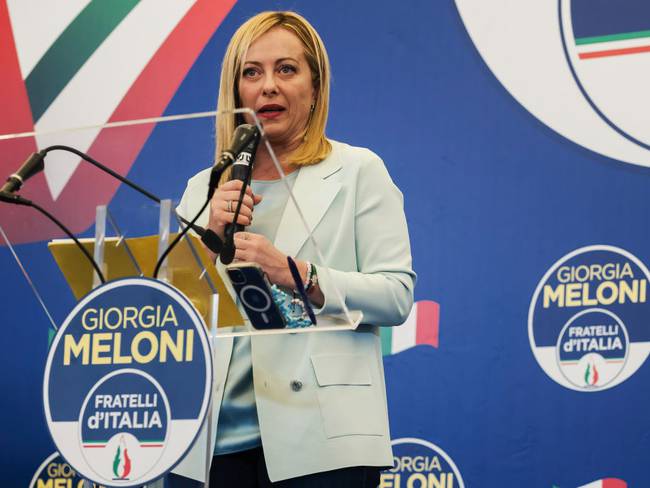 ROME, ITALY - 2022/09/26: Giorgia Meloni is speaking during a press conference. Giorgia Meloni, leader of the far-right and national-conservative party Fratelli d&#039;Italia (Brothers of Italy), commented on the party&#039;s victory at the Italian elections, held on 25 September 2022, at Parco Principi Hotel in Rome. (Photo by Valeria Ferraro/SOPA Images/LightRocket via Getty Images)